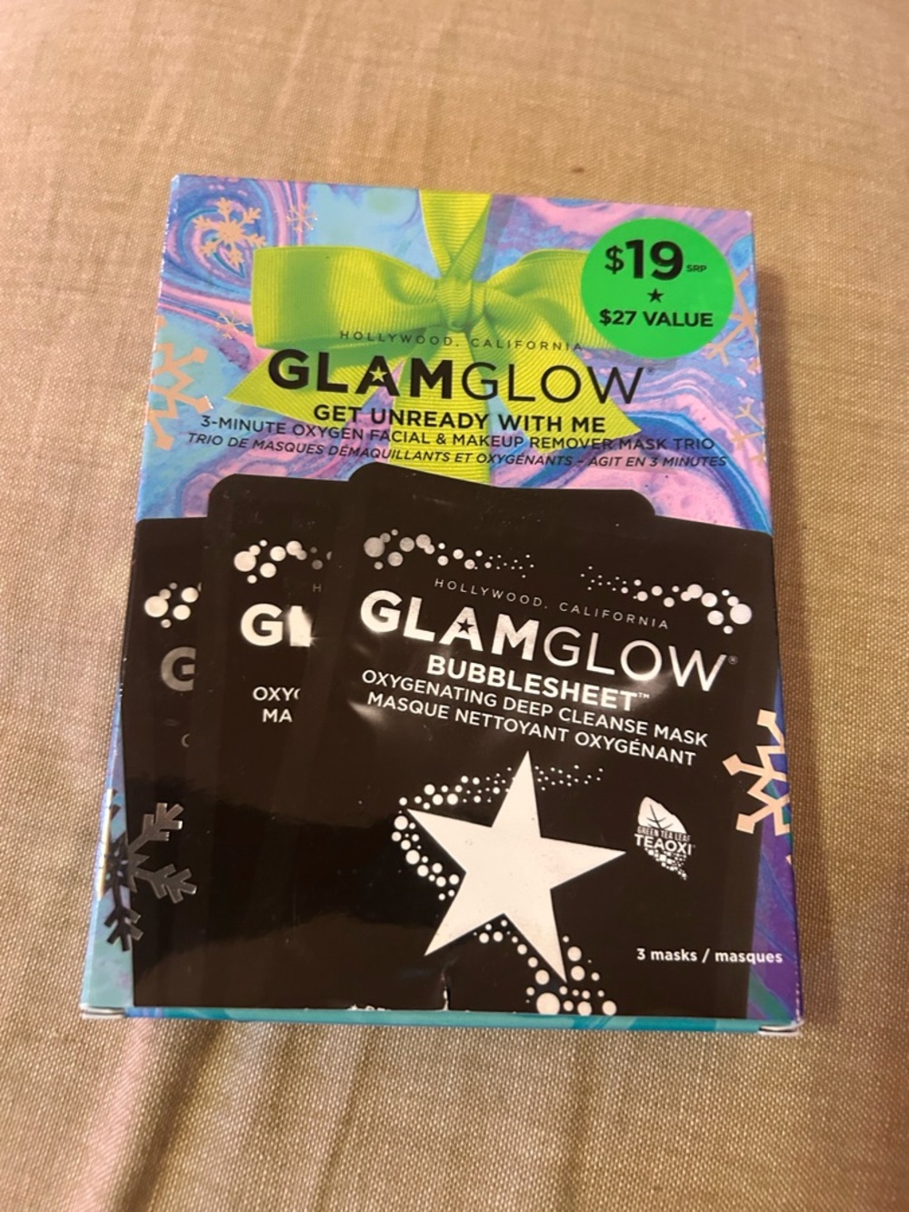 GLAMGLOW Black BubbleSheet Oxygenating Mask Trio with Colorful Packaging
